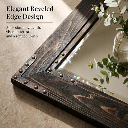 Rustic Black 24x36 Inch Wood Bathroom Vanity Mirror, Rivets | Industrial farmhouse, beveled glass edge, deep charcoal grain, single-sink bathrooms, hallways and entry consoles