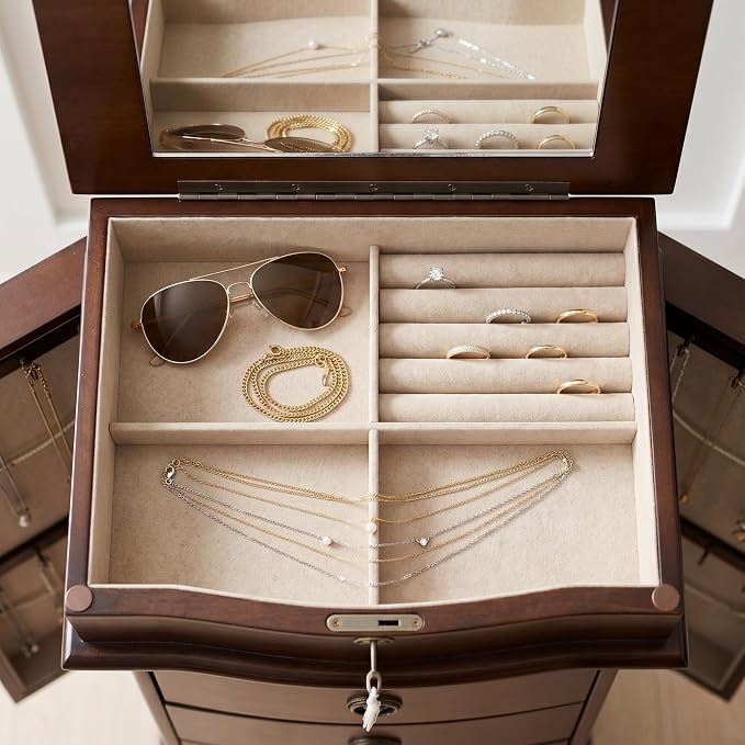 Hives and Honey Nora Jewelry Armoire Cabinet with Mirror – 7 Drawers, Locking Top, Necklace Hooks, Anti-Tarnish Felt – Traditional Standing Jewelry Organizer for Women, Walnut