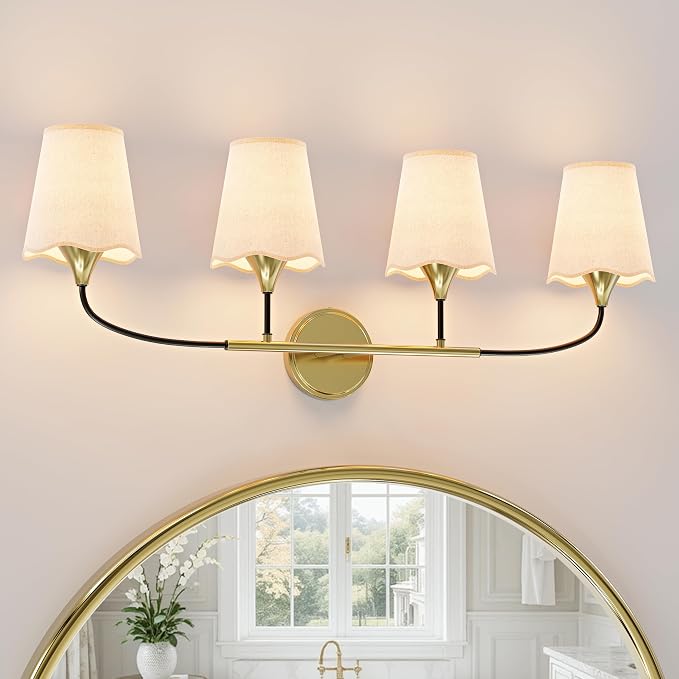 Morauroral Bathroom Light Fixtures Over Mirror, 4 Light Vanity Light for Bathroom, Black Gold Vanity Light Fixtures with Fabric Linen Shade, E26 Socket Sconce Wall Decor(ETL Listed)
