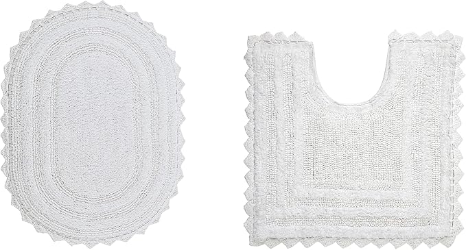 Better Trends 2 Piece Lilly Crochet (Ovel 17"x24",20" x 20") Bath Rug Set Toilet Rugs U Shaped Soft 100% Cotton, Reversible Water Absorbent Washable Contour Mat White