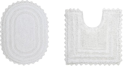 Better Trends 2 Piece Lilly Crochet (Ovel 17"x24",20" x 20") Bath Rug Set Toilet Rugs U Shaped Soft 100% Cotton, Reversible Water Absorbent Washable Contour Mat White