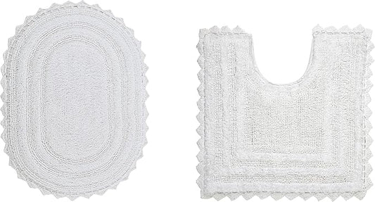 Better Trends 2 Piece Lilly Crochet (Ovel 17"x24",20" x 20") Bath Rug Set Toilet Rugs U Shaped Soft 100% Cotton, Reversible Water Absorbent Washable Contour Mat White