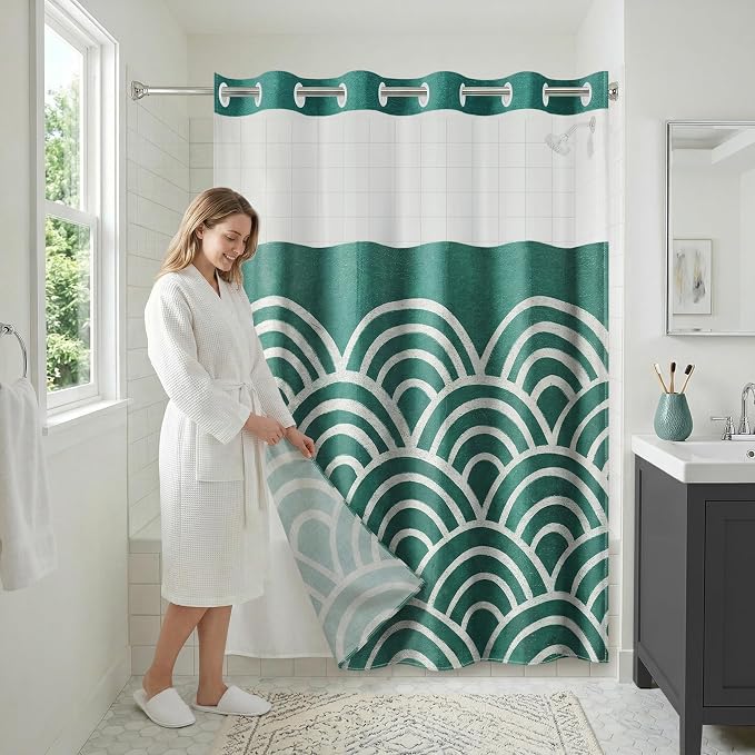 Americanflat 72x75 Hookless Shower Curtain - Water-Resistant Wave Pattern Shower Curtain with Sheer Panel, Snap-in Liner, and Durable Grommets - 100% Polyester - Teal and White