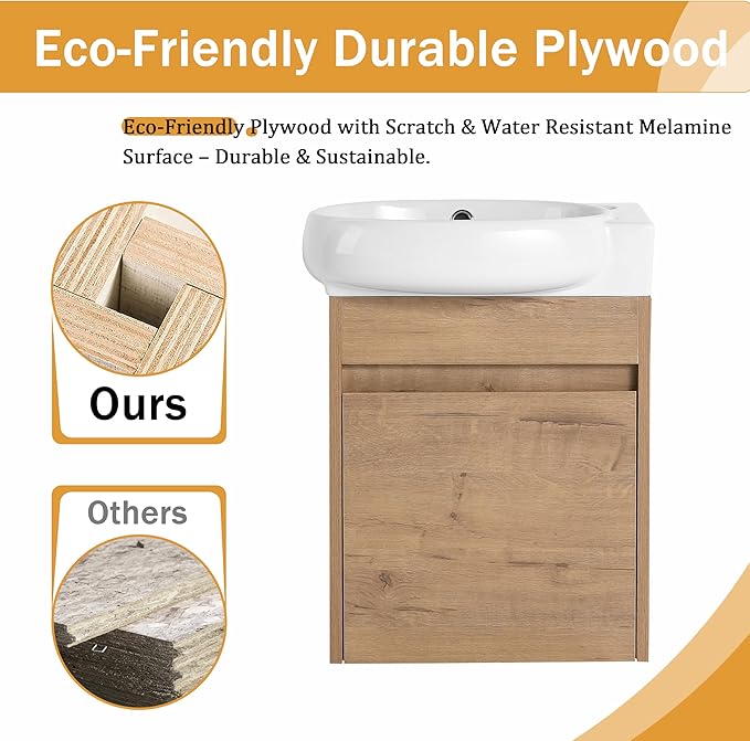 Malwee 16 Inch Floating Bathroom Vanity with Sink, 16'' Wall Mounted Single Sink Bathroom Vanity Combo, Modern Brown Cabinet Set with 1 Soft Close Door and Ceramics Basin Top,MAF02916-IMOX