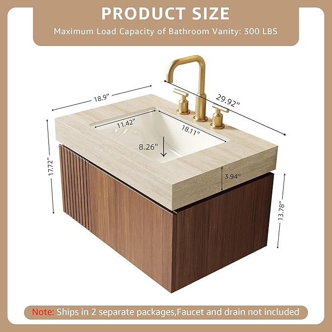 30” Floating Bathroom Vanity with Sink, Wall-Mounted Cabinet with Drawer & Doors, Roma Travertine-Pattern Countertop, Undermount Basin, 3 Faucet Hole, Soft-Close, Pre-Assembled, Brown Oak