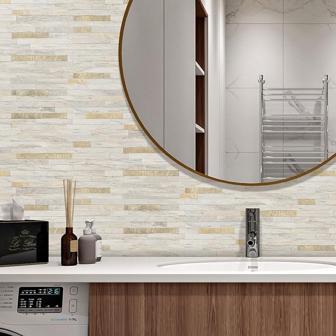 STICKGOO 20 Sheets Peel and Stick Backsplash Tile, Stick on Backsplash for Kitchen and Bathroom, Sunny Beige Look PVC Mixed Metal Gold Self Adhesive Wall Tiles