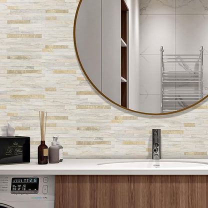 STICKGOO 20 Sheets Peel and Stick Backsplash Tile, Stick on Backsplash for Kitchen and Bathroom, Sunny Beige Look PVC Mixed Metal Gold Self Adhesive Wall Tiles