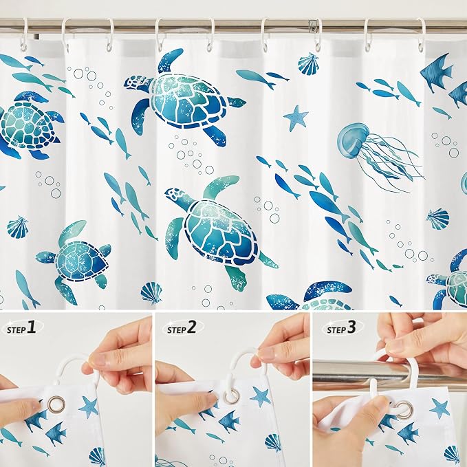 Nautical Sea Turtle Shower Curtain Cute Kids Coastal Shower Curtain Set with Waterweed Jellyfish for Bathroom Decor Waterproof Machine Washable Shower Curtains with 12 Hooks, 72x72 Inch