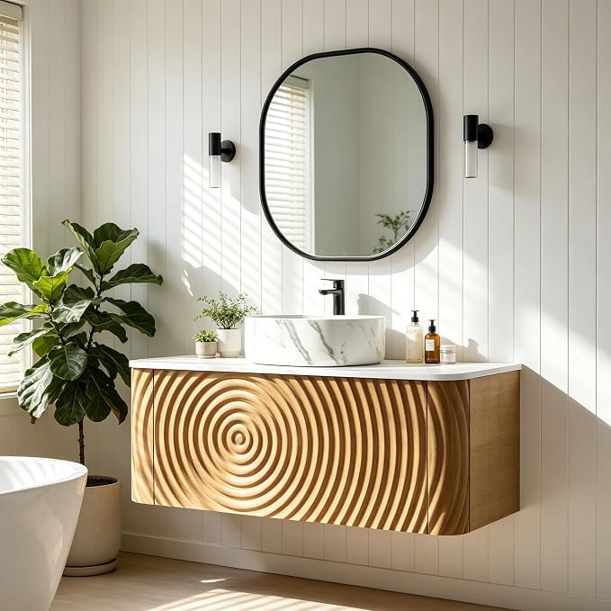 36" Floating Bathroom Vanity with Sink, Mid-Century Wall Mounted Bathroom Vanity Cabinet with Waved Decor, Marble Ceramic Basin, Sintered Stone Top, Soft Close Storage Drawer, Natural