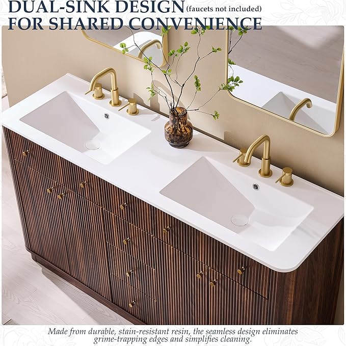 T4TREAM 60 Inch Bathroom Vanity with Sink, Modern Fluted Large Double Sink Bathroom Vanity with 2 Storage Cabinets, Adjustable Shelf, and 3 Small Drawers, Dark Walnut