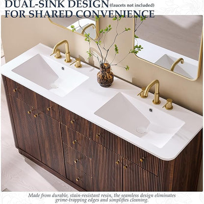 T4TREAM 60 Inch Bathroom Vanity with Sink, Modern Fluted Large Double Sink Bathroom Vanity with 2 Storage Cabinets, Adjustable Shelf, and 3 Small Drawers, Dark Walnut
