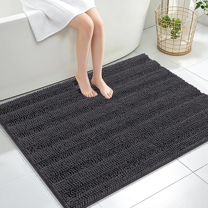 OLANLY Thick Large Bathroom Rugs 40x32, Soft Chenille Bath Rugs, Dark Grey | Absorbent Striped, Rubber Backing, Machine Wash Dry, Bath Mats for Bathroom Floor, Tub and Shower, Home Decor Accessories