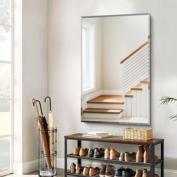 CILIBER Beveled Mirror, 30x48 Large Frameless Bathroom Mirrors for Wall, 3mm Tempered Glass Rectangle Vanity Mirror with Beveled Edge, Crystal-Clear, Hangs Horizontally or Vertically