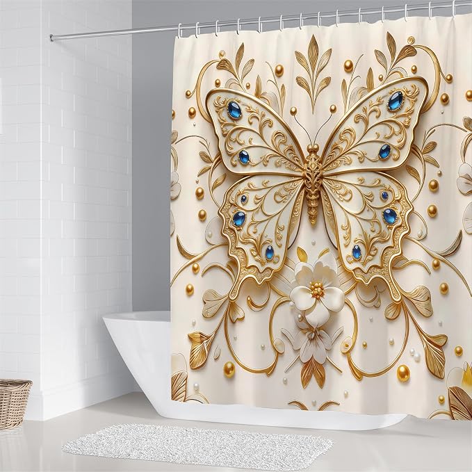 Chrainy 4pcs Golden Butterfly Shower Cutain Set Bathroom Decor Accessories | Waterproof Floral Bath Curtain for Bathroom Washroom 71*71 in with Non-Slip Rug, U-Shaped Mat, Toilet Lid Cover and 12 Hooks