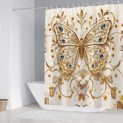 Chrainy 4pcs Golden Butterfly Shower Cutain Set Bathroom Decor Accessories | Waterproof Floral Bath Curtain for Bathroom Washroom 71*71 in with Non-Slip Rug, U-Shaped Mat, Toilet Lid Cover and 12 Hooks