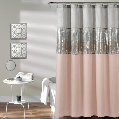 Lush Decor Night Sky Shower Curtain, Single, 72" W x 72" L, Gray & Blush - Sequin Shower Curtain - Sparkly Color Block Bath Curtain - Modern Glam Bathroom Decor