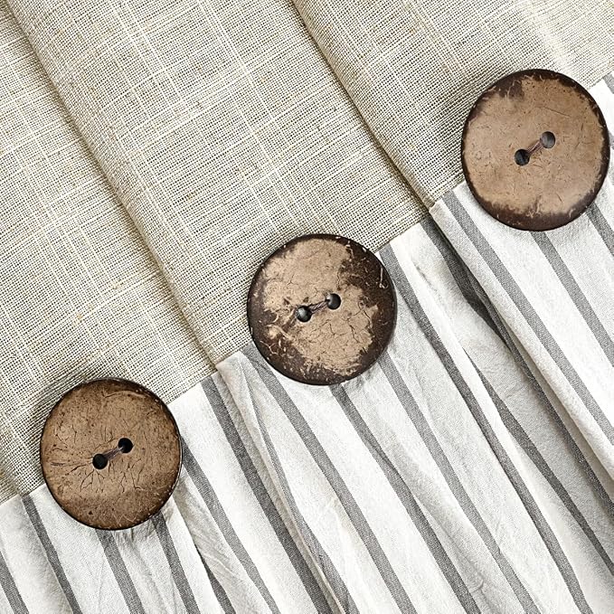 DOSLY Ides Farmhouse Shower Curtain, Beige and Gray Stripe, Button Curtain, Linen and Cotton Woven Fabric, Rustic Charm Country Chic Style, 72x78 in