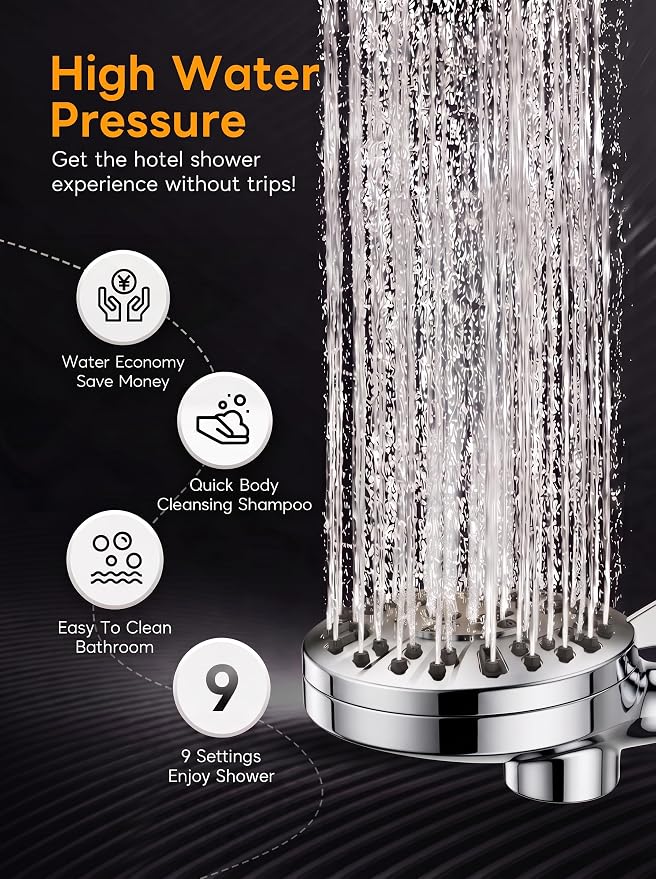High Pressure Handheld Shower Head Chrome,9 Function Sprays Magnetic Rain Shower Head with Handheld,Anti-clog Nozzles, Built-in Power Wash to Clean Tub