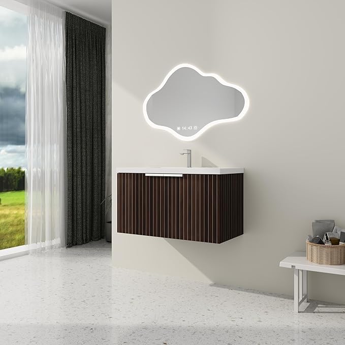 SSLine Wall Mounted Bathroom Vanity with Sink Combo Modern 36-Inch Single Bathroom Vanity Set with Top Basin &Storage Cabinet Wood Hanging Bath Cabinet w/Resin Sink for Small Space(Dark Brown Stripe)