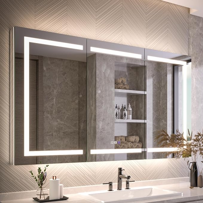 Recessed Medicine Cabinet with Lights, 60x36 Lighted Medicine Cabinet with Mirror, 5XMagnifier, GFCI Outlet, Soft-closed, Front&Backlit, Anti-Fog, Dimmable&Tunable, Sensor Lights, Adjustable Shelves
