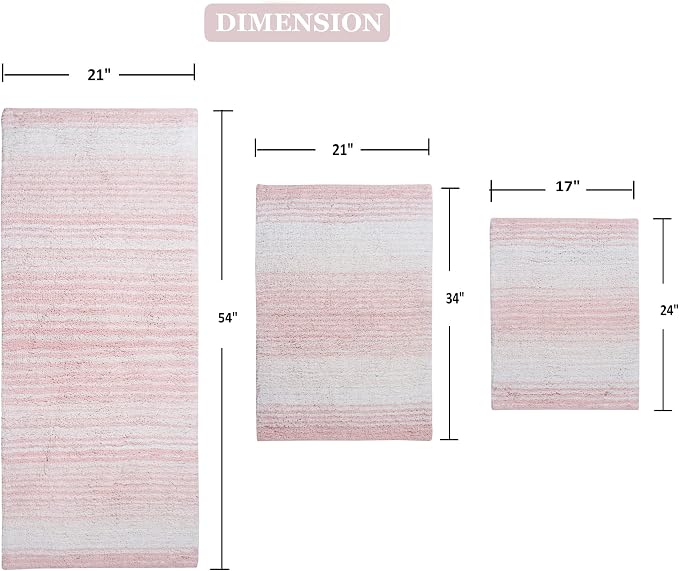 Home Weavers 100% Cotton Gradiation Collection Bathroom Décor | Washable Rug | Bathroom Mat | Kitchen Mat | Bathroom Rug Set | Bath Mat Set | Bath Floor Mat Non Slip, 3 Piece Set with Runner, Pink
