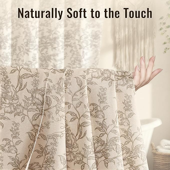 Farmhouse Brown Floral Shower Curtain with 12 Clear Rings 72"W x 84"L | Boho Fabric Faux Linen Shower Curtain Set, Vintage Cottagecore Shower Curtain for Bathroom