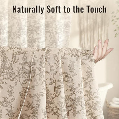 Farmhouse Brown Floral Shower Curtain with 12 Clear Rings 72"W x 72"L | Boho Fabric Faux Linen Shower Curtain Set, Vintage Cottagecore Shower Curtain for Bathroom