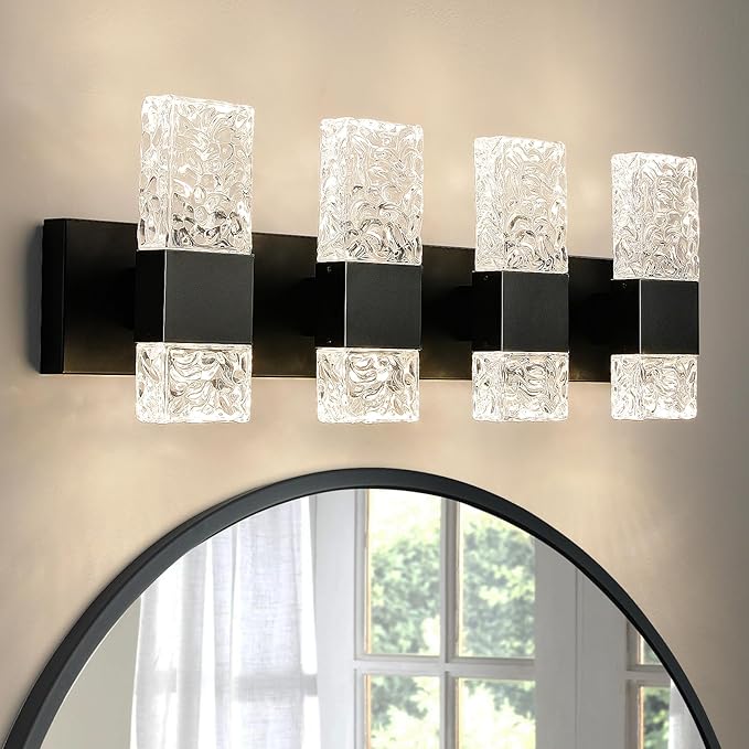 Black Bathroom Vanity Light Fixtures Bathroom Light Fixtures Over Mirror 4-Light 4000K LED Crystal Wall Sconces Modern 40W Brushed Hardwired Wall Lights for Bathroom Bedroom Living Room
