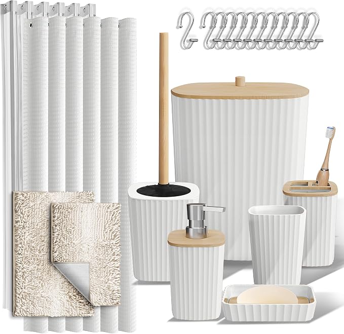 Clara Clark Bathroom Accessories Set - Bathroom Set, Bathroom Sets with Shower Curtain and Rugs, Shower Curtain Set with Bathroom Trash Can - Ombre White - 22PC | 22 Piece Ombre White Bathroom Accessories Set with Toothbrush Holder, Soap Dispenser, Soa...