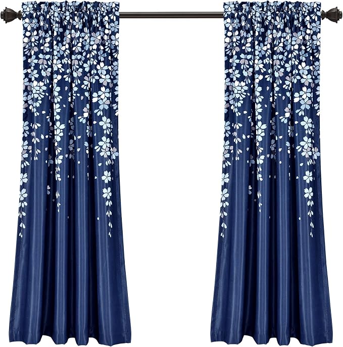 Lush Decor Weeping Flower Light Filtering Window Curtain Panels, Pair, 52" W x 63" L + 2" Header, Navy - Charming Modern Floral Curtains for Living Room, Dining Room, & Bedroom (Pack of 8)