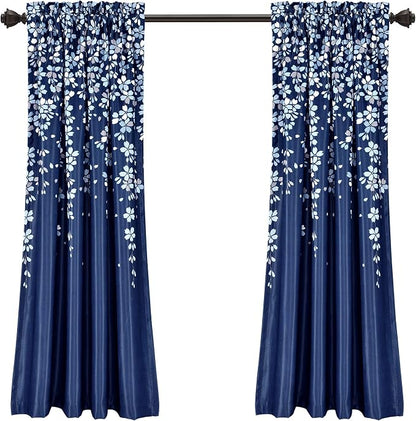 Lush Decor Weeping Flower Light Filtering Window Curtain Panels, Pair, 52" W x 63" L + 2" Header, Navy - Charming Modern Floral Curtains for Living Room, Dining Room, & Bedroom (Pack of 8)