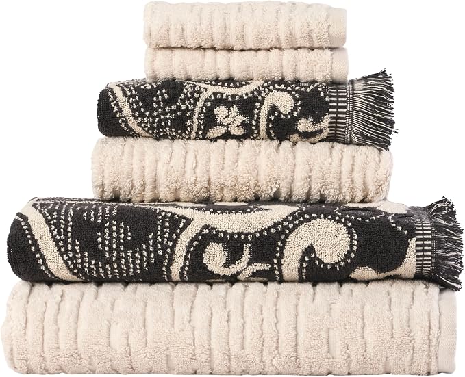 SKL Home CloudSoft/Amherst Medallion Bath Towel Set-6pc, Oatmeal/Black