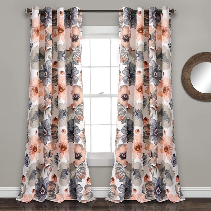 Lush Decor Leah Light Filtering Window Curtain Panels, Pair, 52" W x 84" L, Coral & Gray - Floral Drapes for Bedroom - Coral Curtains - Farmhouse Decor