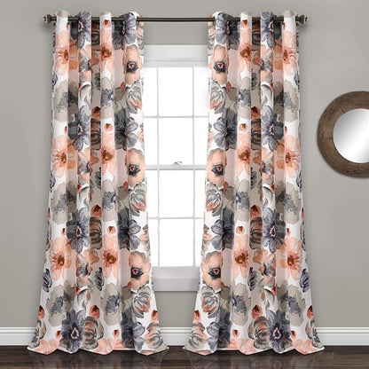 Lush Decor Leah Light Filtering Window Curtain Panels, Pair, 52" W x 84" L, Coral & Gray - Floral Drapes for Bedroom - Coral Curtains - Farmhouse Decor