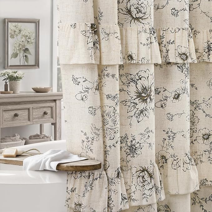 Farmhouse Floral Ruffle Shower Curtain for Bathroom | Vintage Black Linen Pattern Shower Curtains , Tan Taupe,72Wx72H