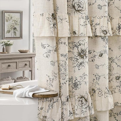 Farmhouse Floral Ruffle Shower Curtain for Bathroom | Vintage Black Linen Pattern Shower Curtains , Tan Taupe,72Wx72H