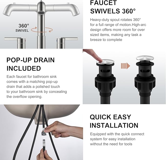 KENES Widespread Bathroom Faucet with Sprayer, Brushed Nickel Bathroom Sink Faucet with Pull Down Sprayer, 8 Inch 3 Hole Pull Out Bathroom Faucet with Pop Up Drain & Supply Lines LJ-9058A