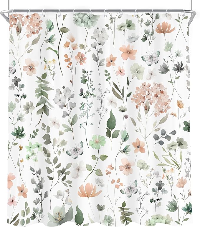 Extra Long Green Pink Floral Cute Wildflower Bathroom Shower Curtain Set | 72"W x 84"H Watercolor Boho; waterproof HD print, quick-dry fabric and plastic hooks for easy setup.
