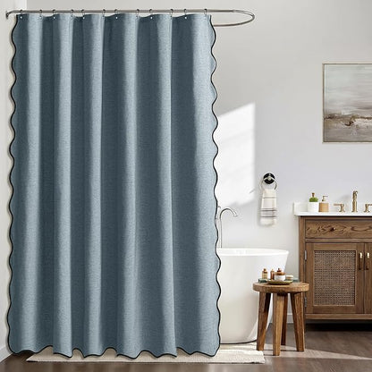 MIULEE 72"x84" Extra Long Scalloped Linen Shower Curtain Dusty Blue | Linen Textured, Waterproof, Washable, 12 Metal Hooks, Heavy Duty Cloth, Black Border, Shower Curtain for Bathroom Bathtub