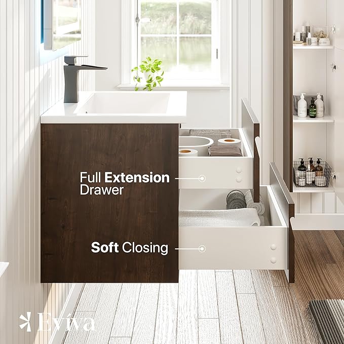 Eviva Joy 24 in. Rosewood Wall MountSingle Sink Bath Vanity with Porcelain Top and Integrated Sink