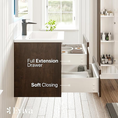 Eviva Joy 24 in. Rosewood Wall MountSingle Sink Bath Vanity with Porcelain Top and Integrated Sink