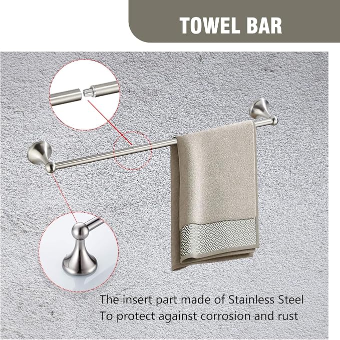 Classic Bathroom Hardware 4-piece Set, Brushed Nickel | Wall Mounted,Stainless Steel and Zinc material,Including Towel Bar,Towel Ring,Toilet Paper Holder,Robe Hook