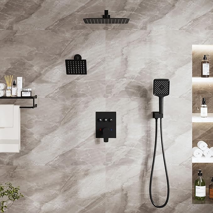 MONDAWE 12 Inch Wall Mounted Matte Black Shower System, 3-Function Shower Faucet Set with Rainfall Dual Shower Head and High Pressure 4-Setting Handheld, All Functions Can be Used At the Same Time