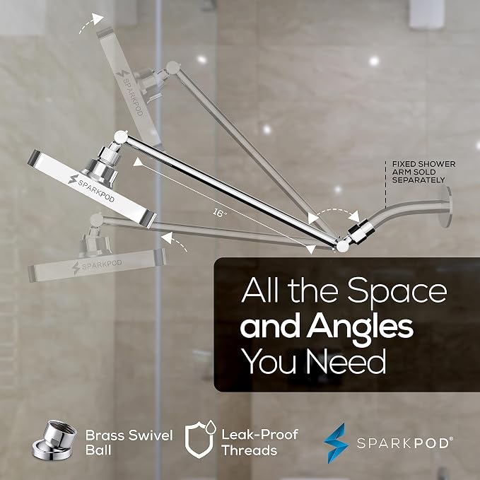 SparkPod 6" Square Rain Shower Head with 16" Shower Arm | Shower Head & Extension Arm Combo, Height Adjustable, High Pressure Performance, Easy 1-Minute Installation, Polished Chrome