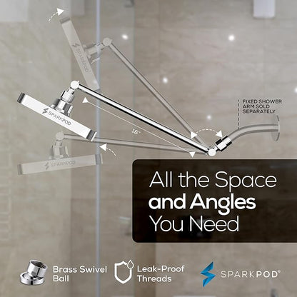 SparkPod 6" Square Rain Shower Head with 16" Shower Arm | Shower Head & Extension Arm Combo, Height Adjustable, High Pressure Performance, Easy 1-Minute Installation, Polished Chrome