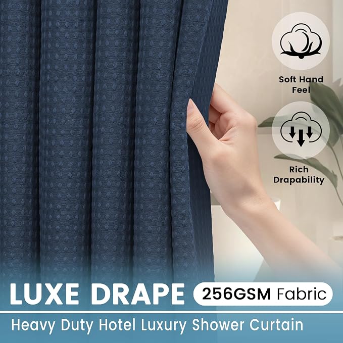 Heavyweight Waffle No Hook Shower Curtain with Liner, Navy Blue, 71x74 | Snap in Liner, 256GSM, Thick, Hotel Luxury Spa, Waterproof Fabric, Corner Magnets, 3 in 1 Set, Washable, Hang in Seconds