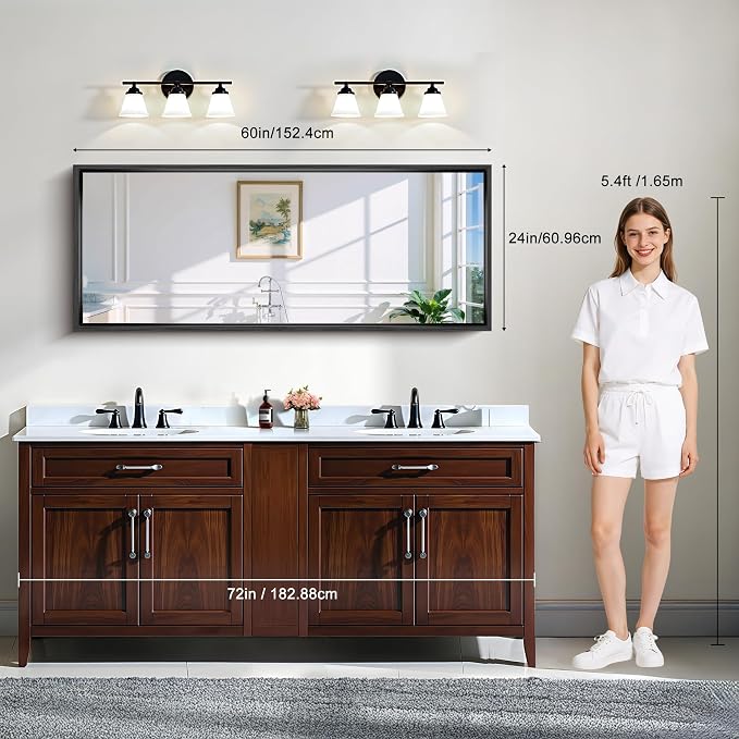 CIRCUMI 60"x24" Brushed Black Bathroom Mirror, Double Sink Vanity Mirror | Chunky Box Metal Frame, Shatterproof, Tempered Glass, Bathroom Remodel&New Home, Large Rectangular Mirror for Living Room