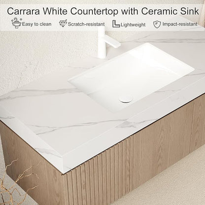 Ambrovina 30" Floating Bathroom Vanity with Sink, Plywood Storage Bathroom Vanities with Drawer and Door, Carrara White Sintered Stone Top and Ceramic Basin, Pre-Assembled Cabinet, Light Brown