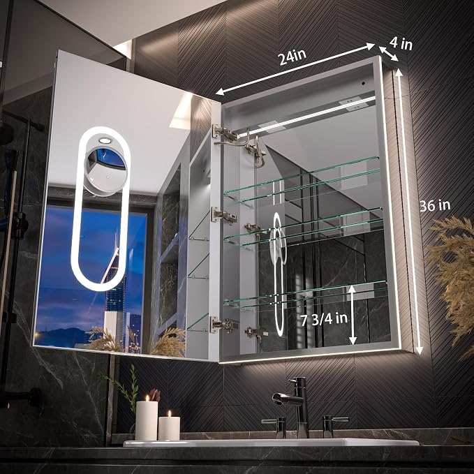 Smart LED Medicine Cabinet with Mirror, 24W×36H Inch Bathroom Storage Medicine Cabinet, 3 Color Stepless Dimming & Anti-Fog, 5X Magnifier, Night Light, DTC Soft-Close Left Hinges