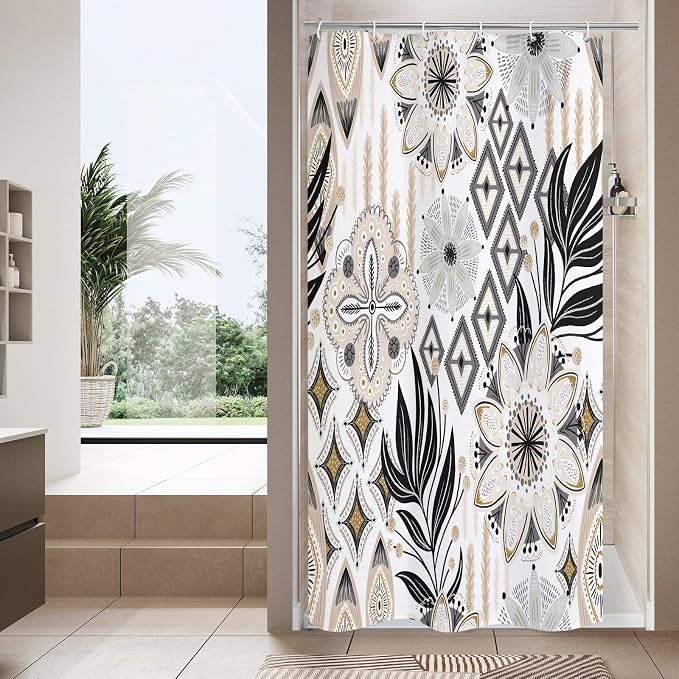 Boho Floral Shower Curtain, White Botanical Fabric Curtain, 36 x 72 | Boho floral, vintage botanical, dark floral, rustic farmhouse, colorful flowers, fabric shower curtain